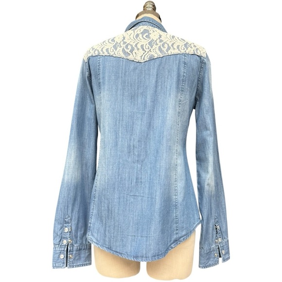 Miss Me Distressed Denim Western Shirt with Lace Detail, Women’s Medium - Picture 5 of 9